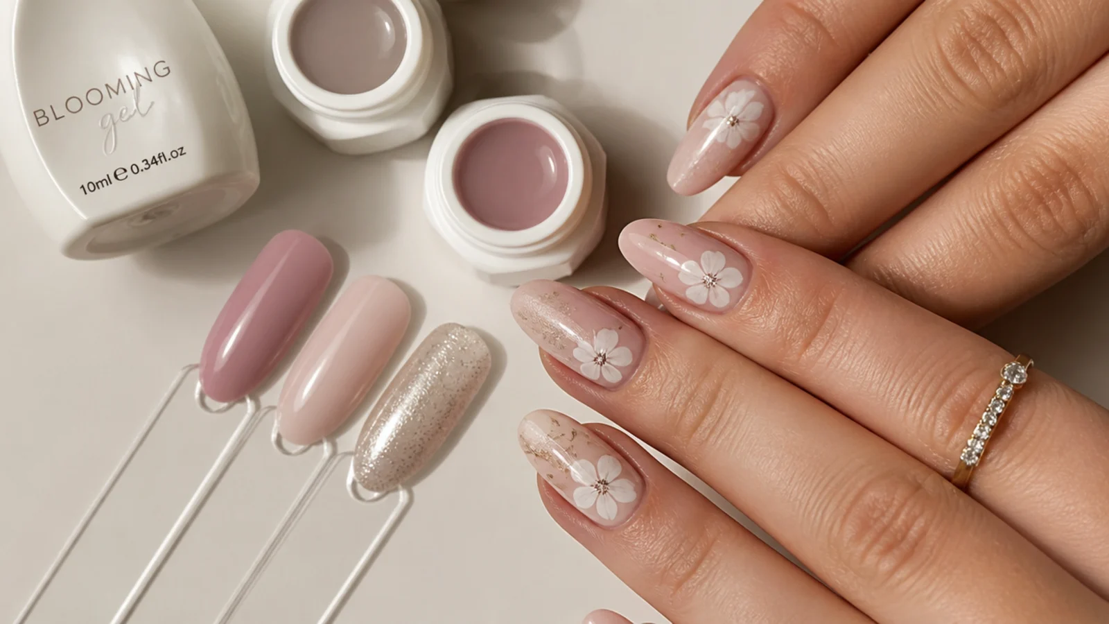 Flat lay of blooming gel nail supplies on a plain background