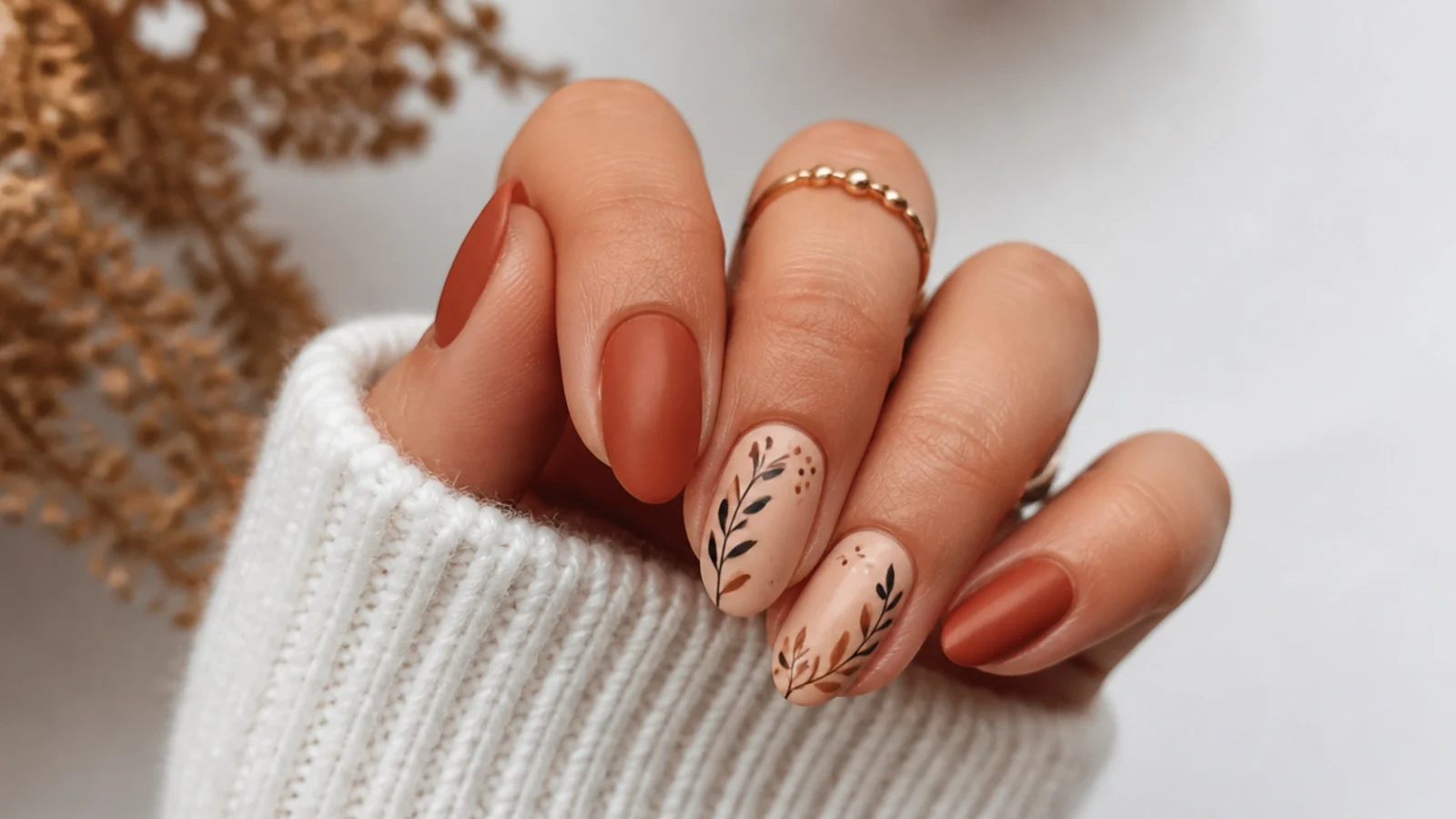 Warm terracotta matte boho nails on short almond shapes