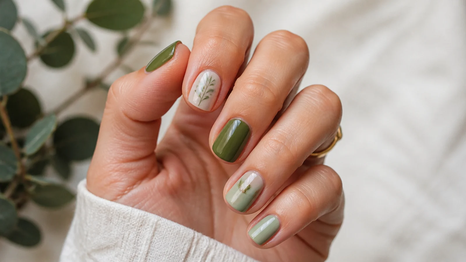 Olive and sage green boho nails alternating across short nails