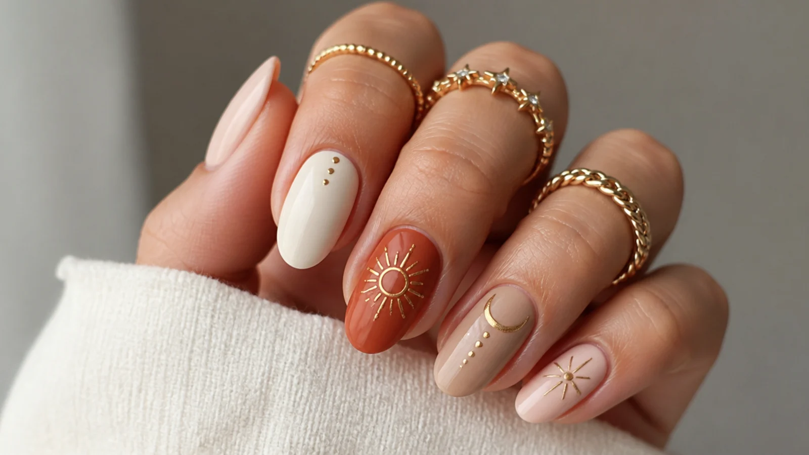 Muted gold sun motif on a terracotta accent boho nail