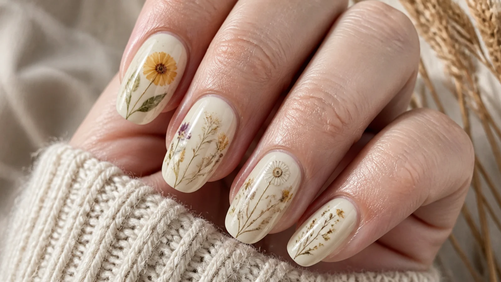 Delicate pressed wildflower florals on a cream boho nail