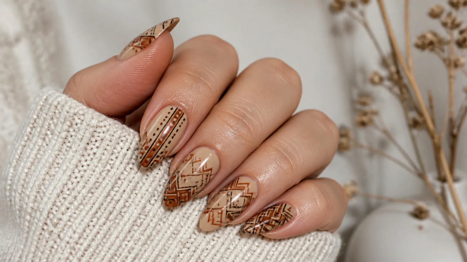 Brown and rust aztec geometric line pattern on a tan boho nail