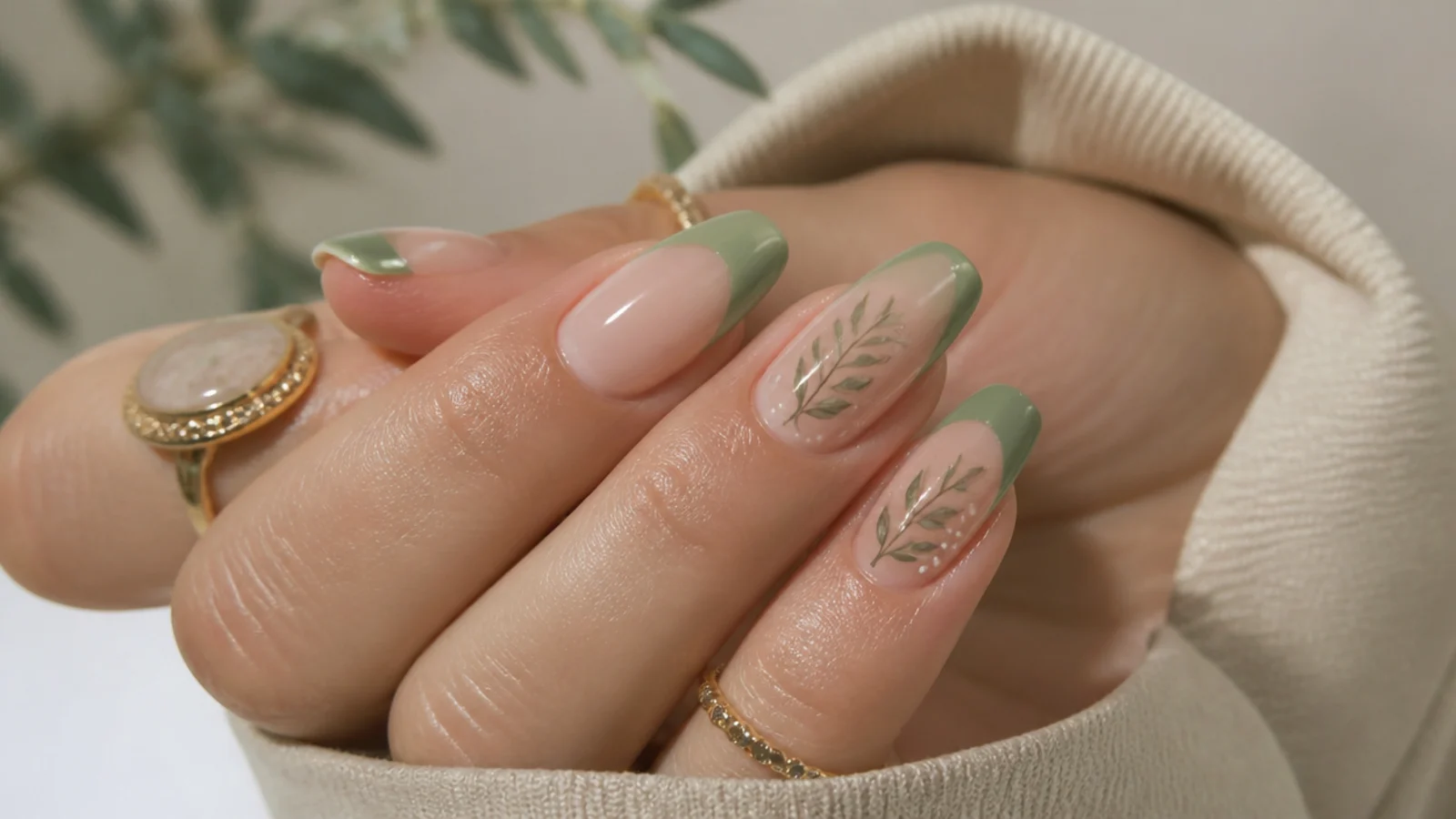 Sage green earthy French tip boho nails on almond shapes