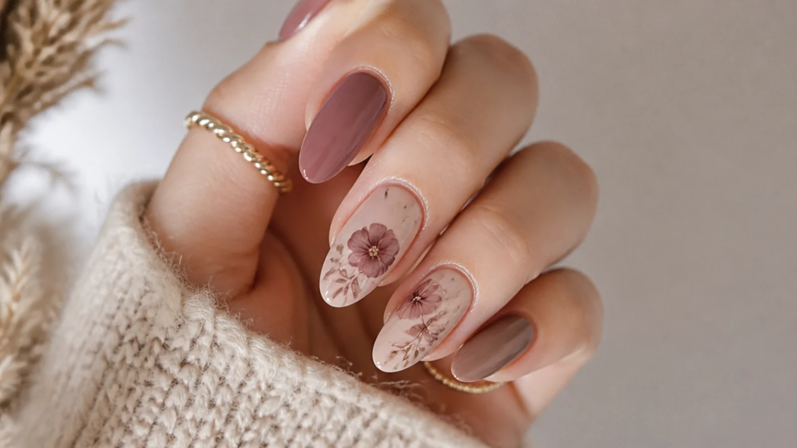 Dusty rose and mauve loose florals on a tan boho nail
