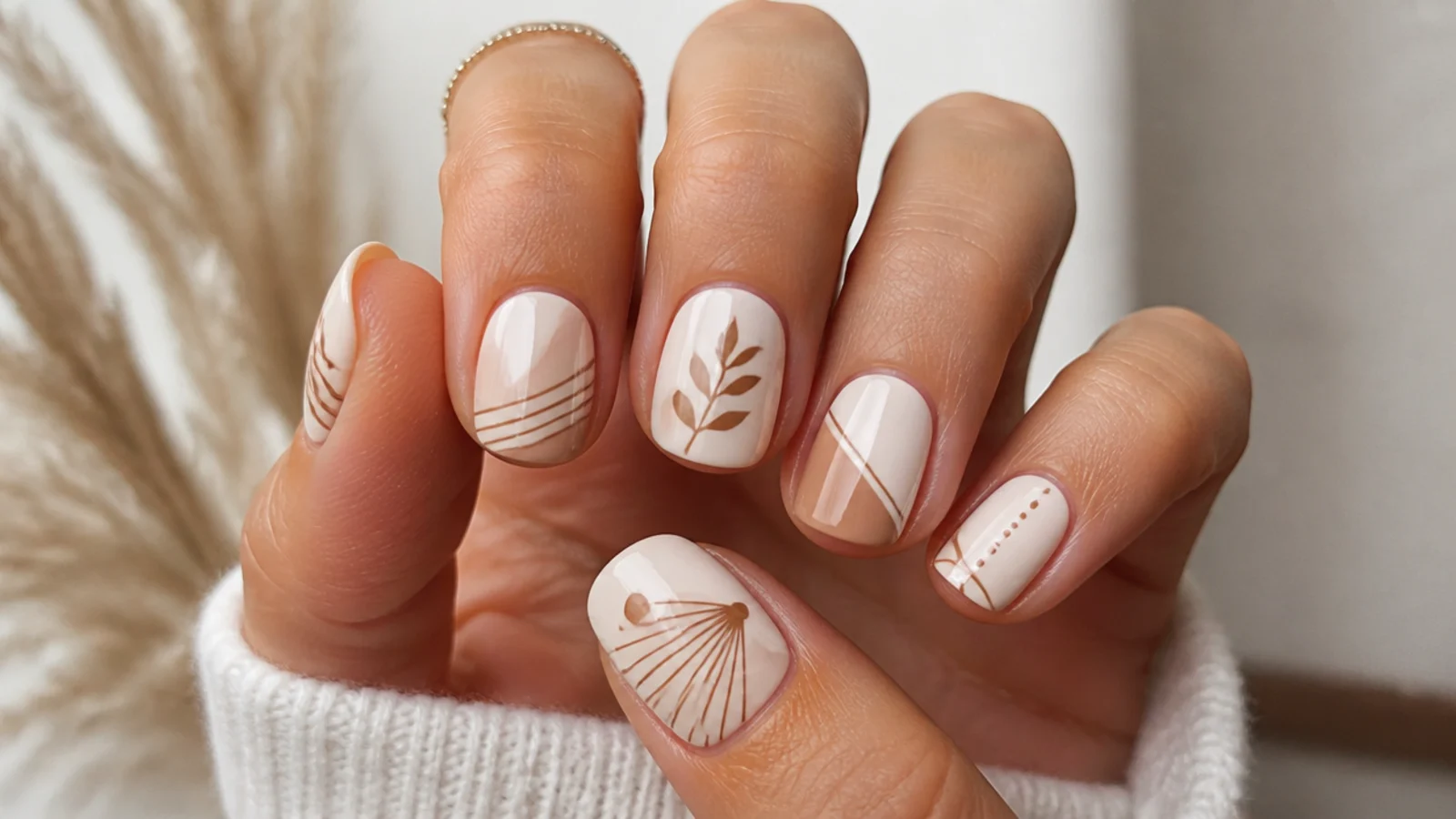 Negative-space cream and tan geometric boho nails on short shapes