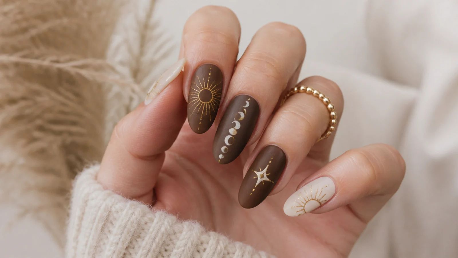 Muted gold and white moon phase motif on a brown boho nail