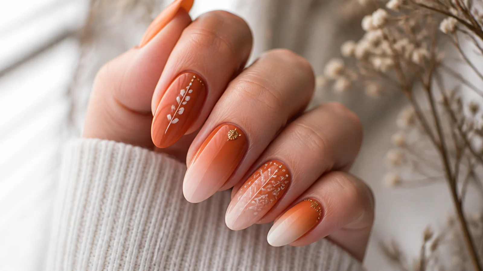 Burnt orange to cream ombre boho nails on almond shapes