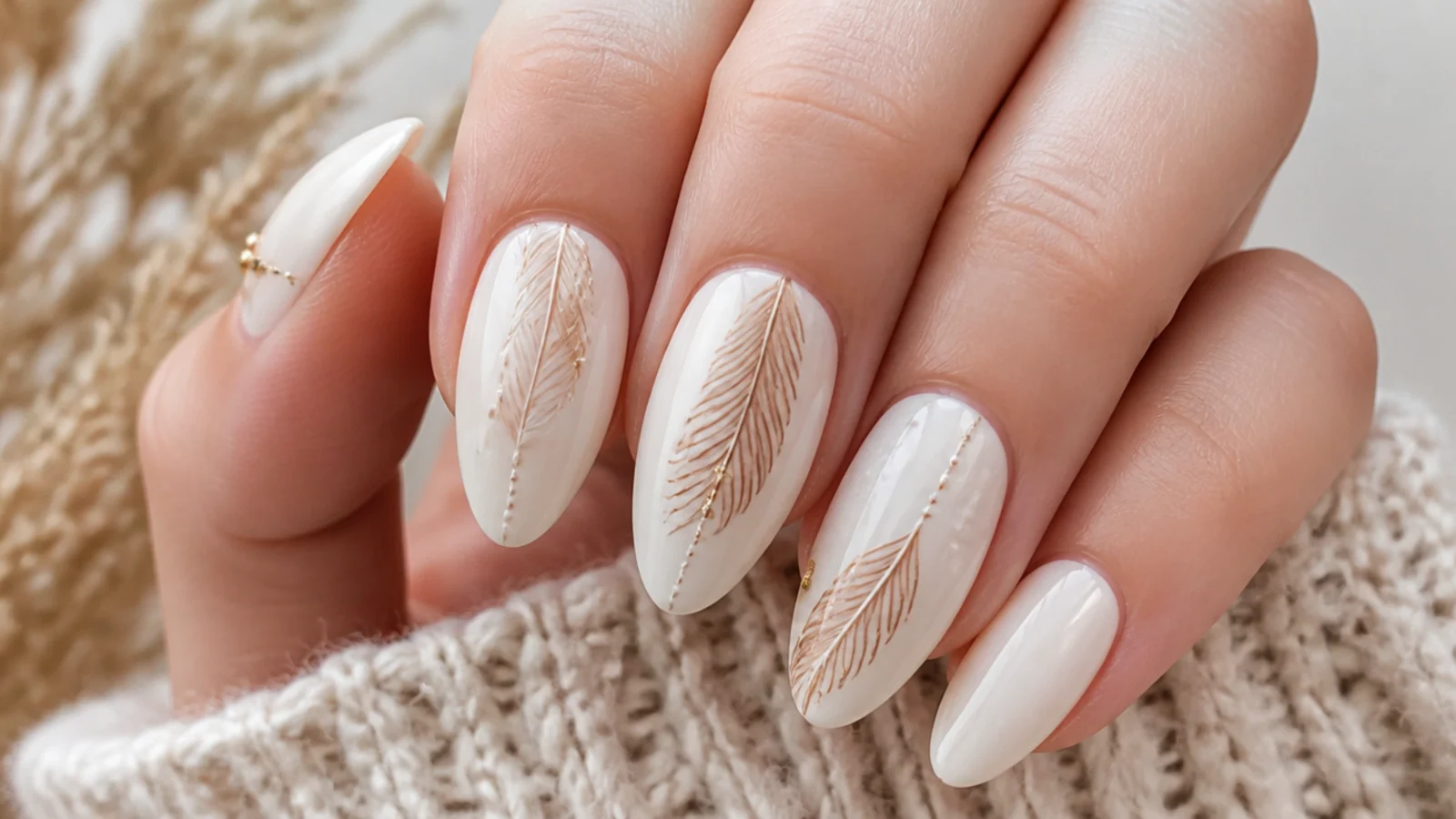 Fine feather line art with small gold bead accents on a cream boho nail