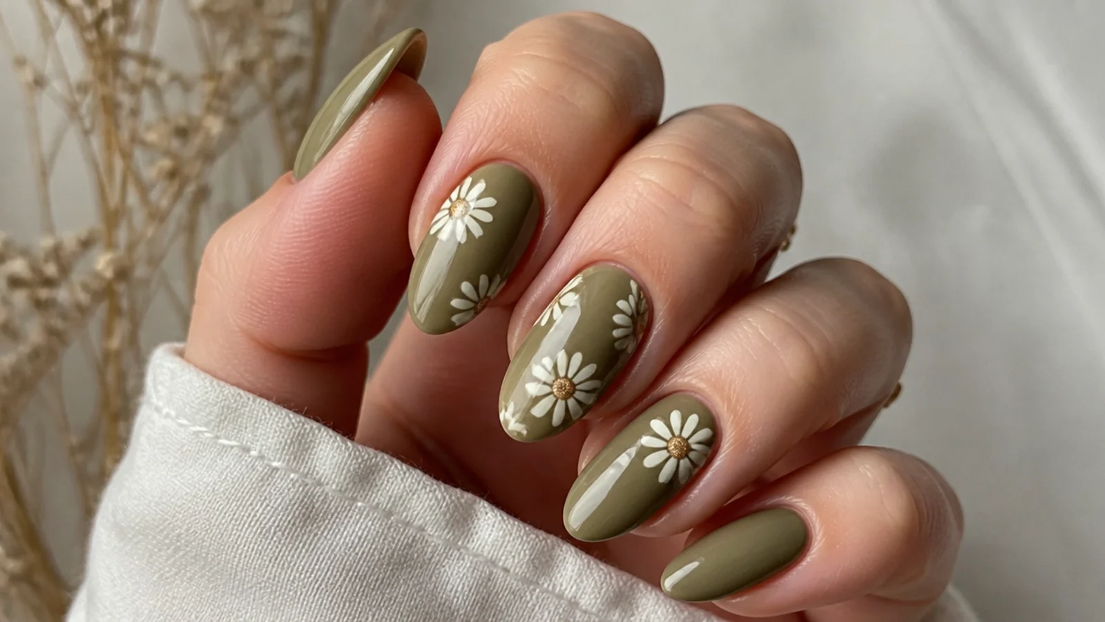 Small white daisies with muted gold centers on an olive boho nail