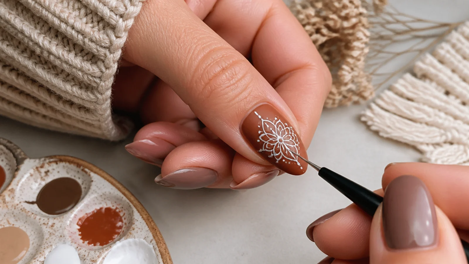 Boho nail-art supplies with a liner brush drawing a mandala on an earthy nail