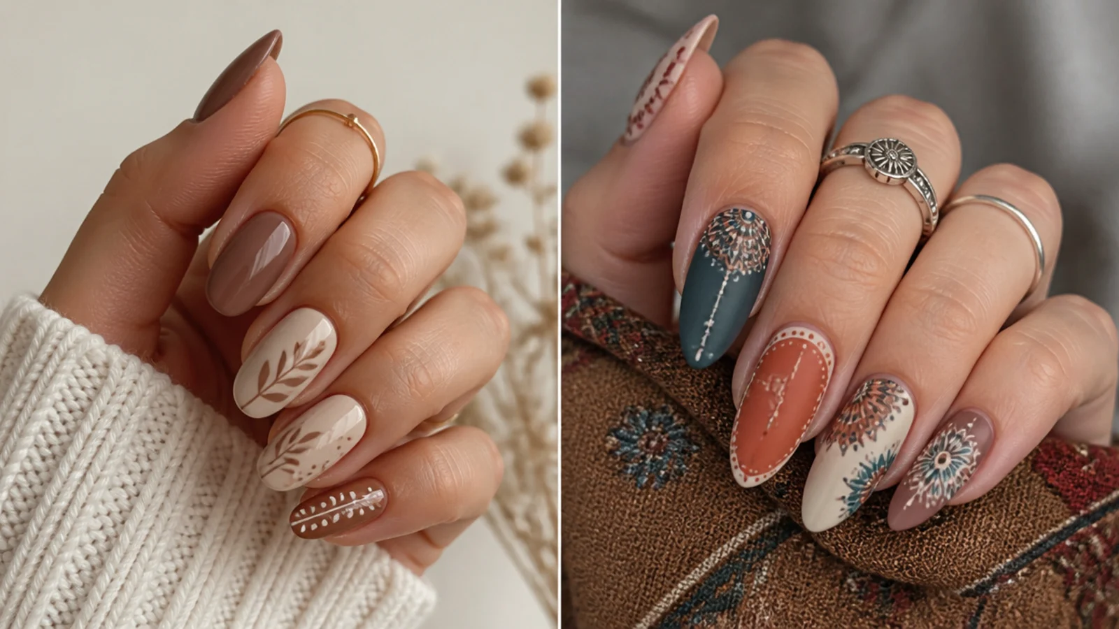 Neutral earthy boho nails beside a festival-ready mandala boho set