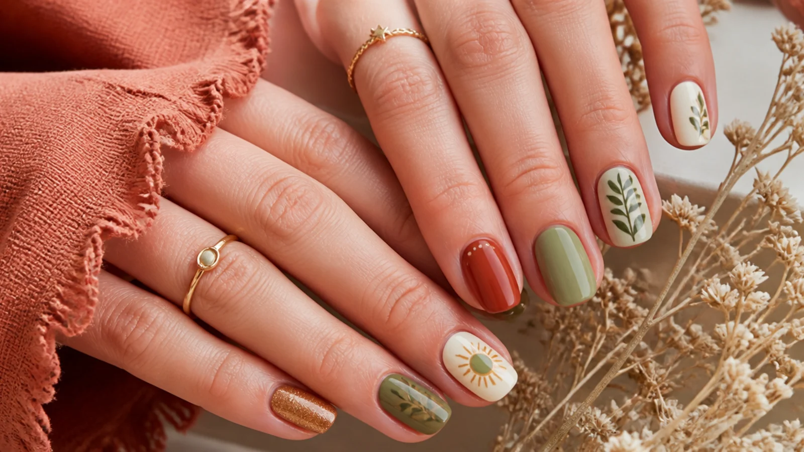 Swatches of terracotta, rust, olive, sage, cream, tan and muted gold boho polish