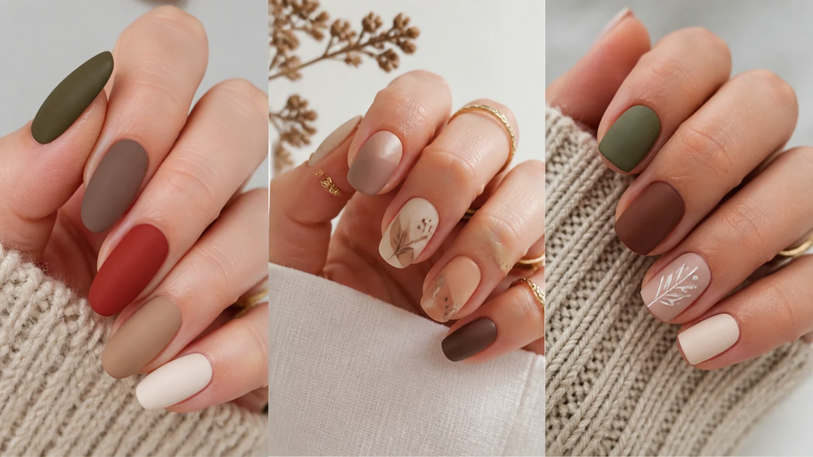 Almond, oval and short boho nails in matte earthy tones side by side