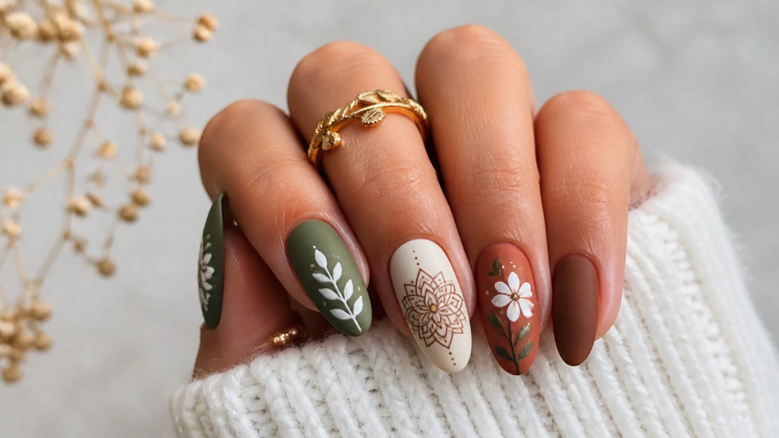 Earthy matte boho nails with a hand-drawn mandala and loose floral detail