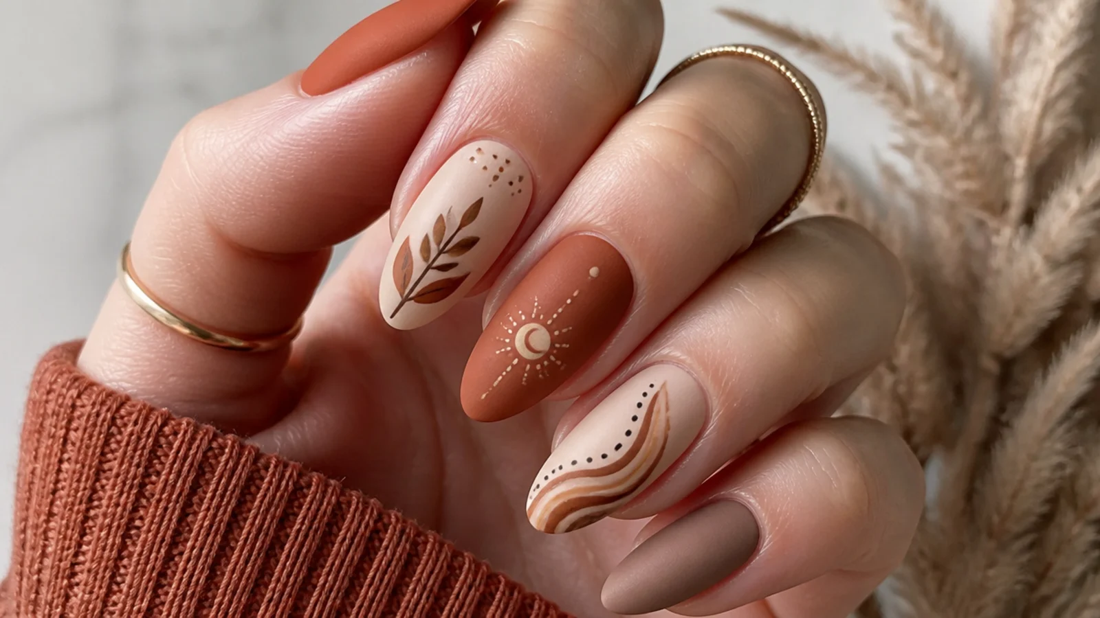 Matte terracotta boho fall nails on an almond shape