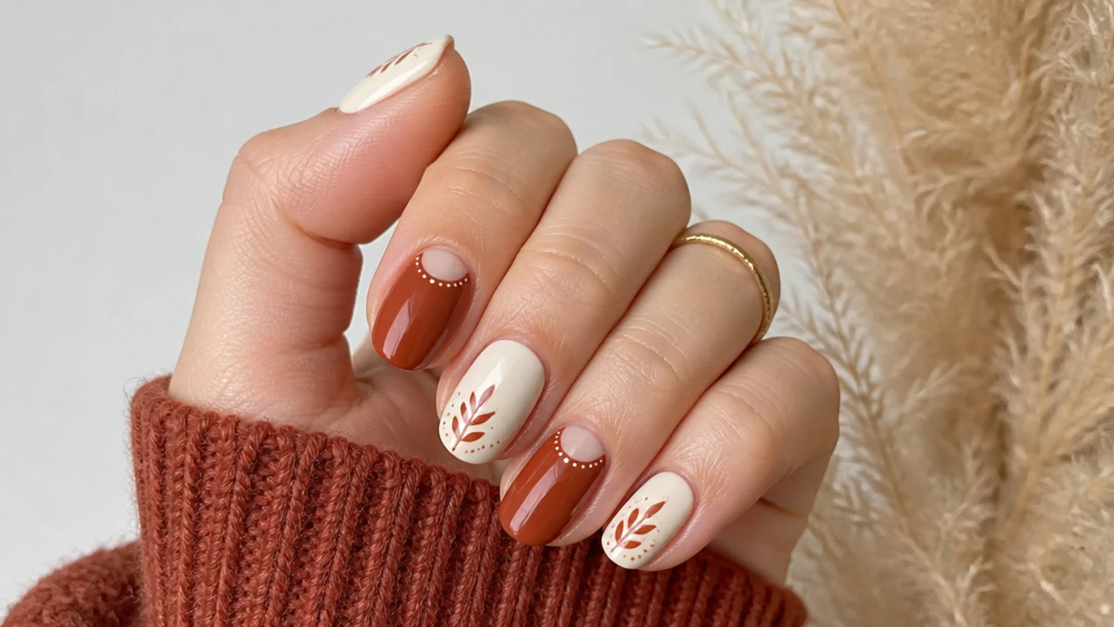 Rust and cream half-moon boho fall nails on short almond shape