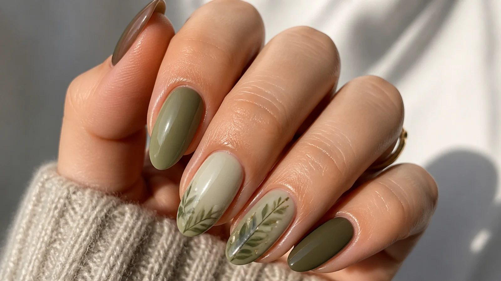 Olive green to sage ombre boho fall nails on oval shape