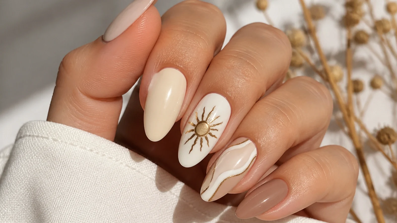 Cream boho fall nails with a muted gold sun motif accent