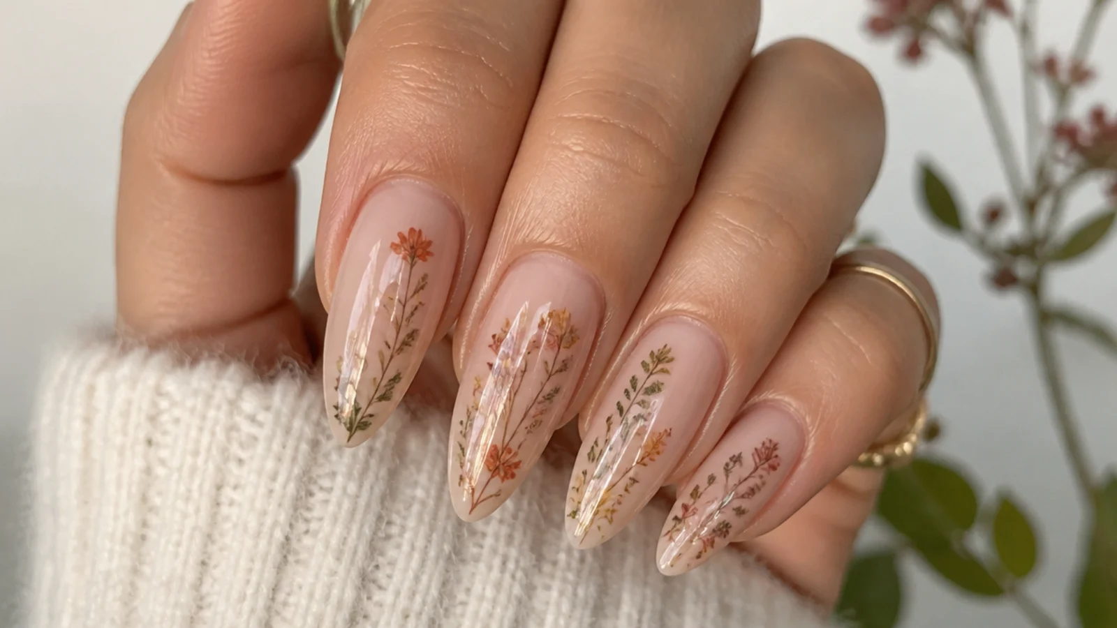 Nude boho fall nails with pressed rust and olive wildflower sprigs