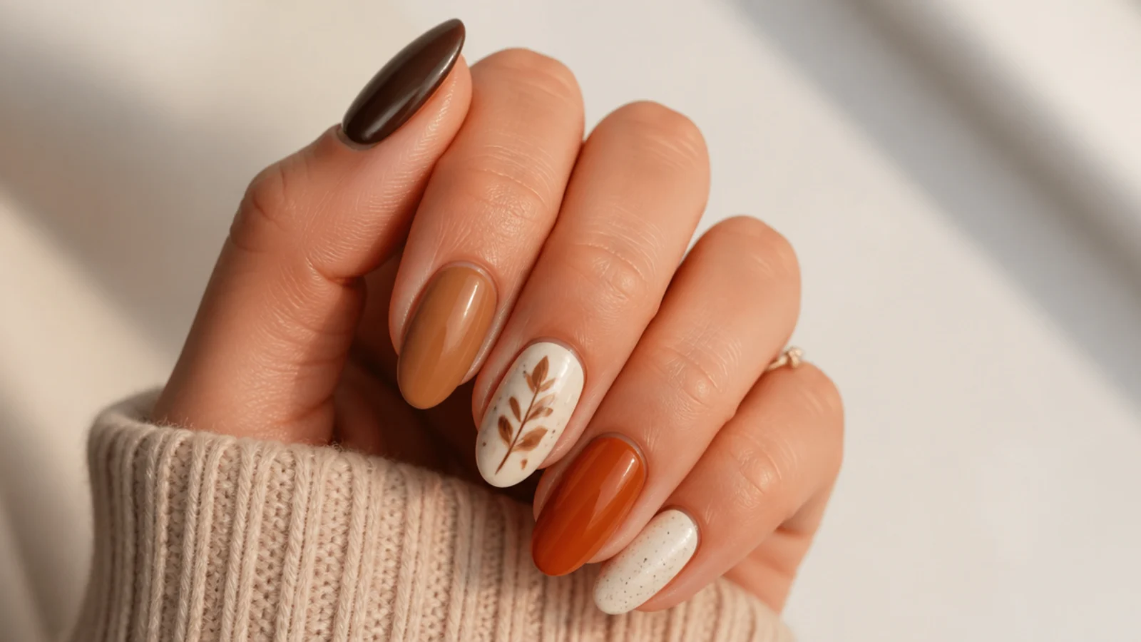 Boho fall nails in blocks of brown, tan, rust and cream earth tones