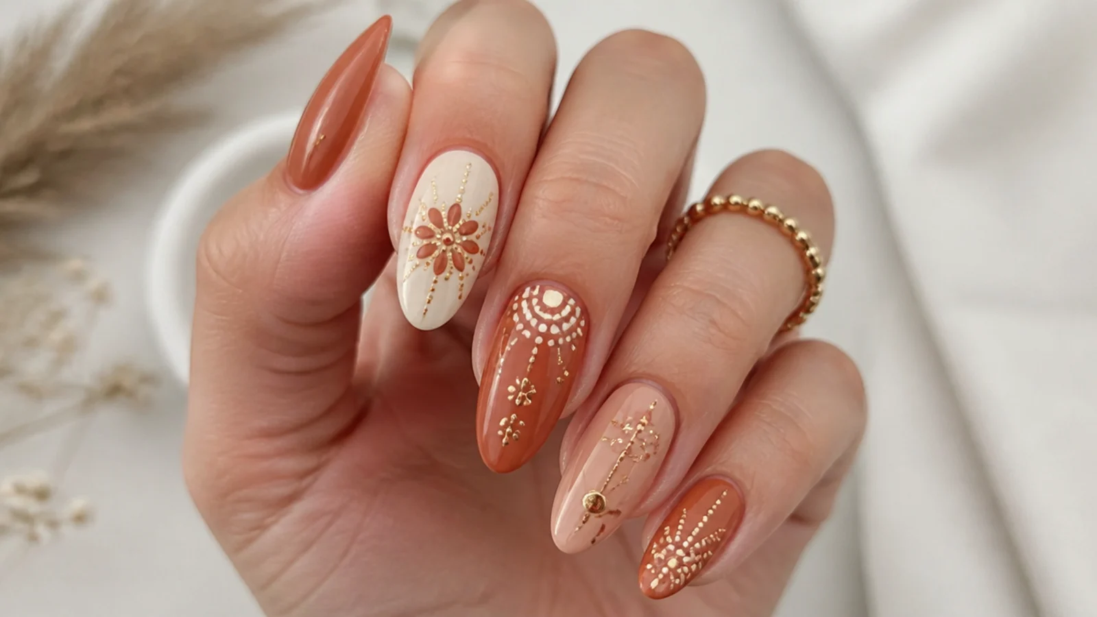 Terracotta boho fall nails with cream and gold dotted mandala patterns