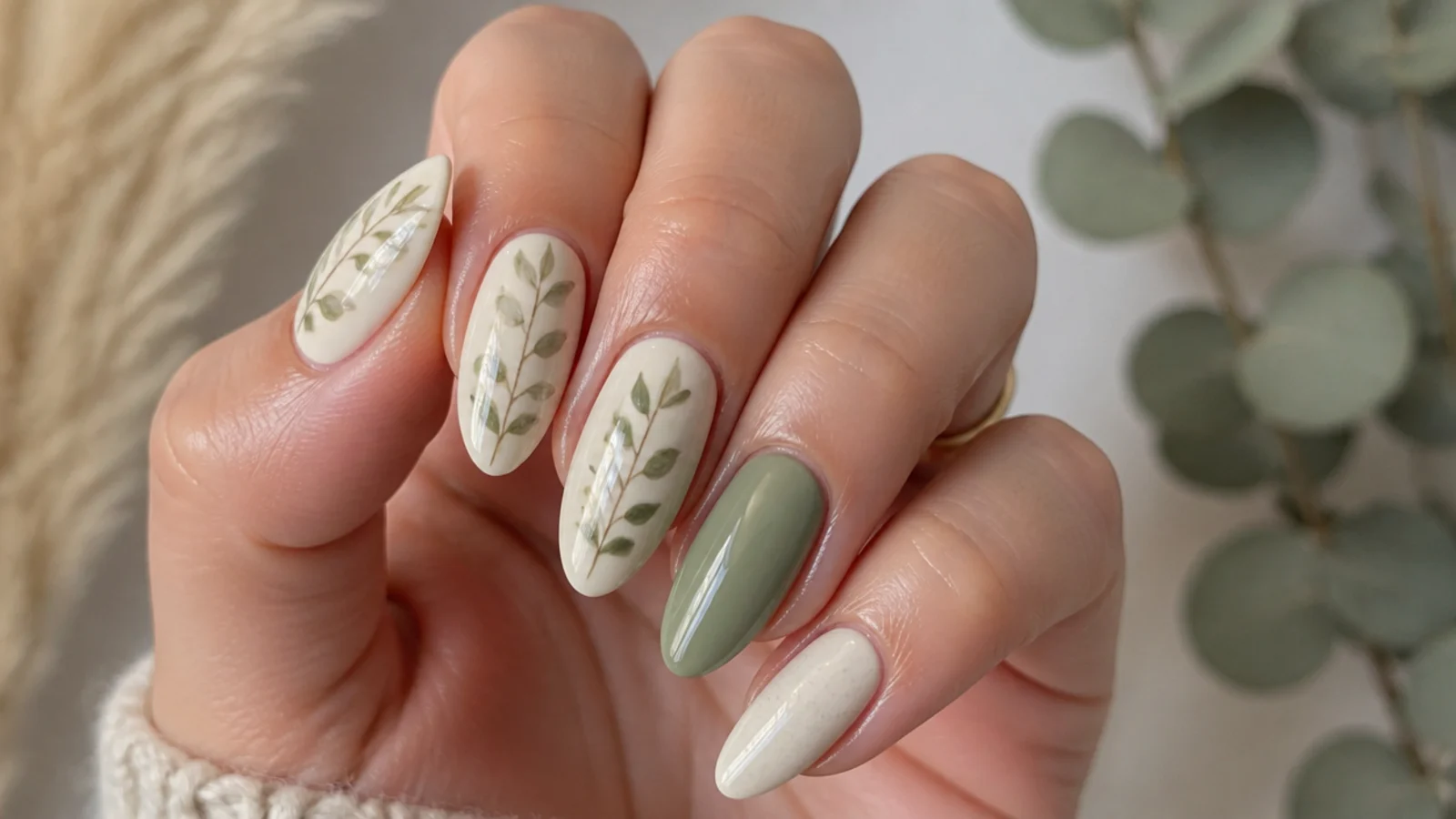 Cream boho fall nails with a trailing sage and olive leaf vine