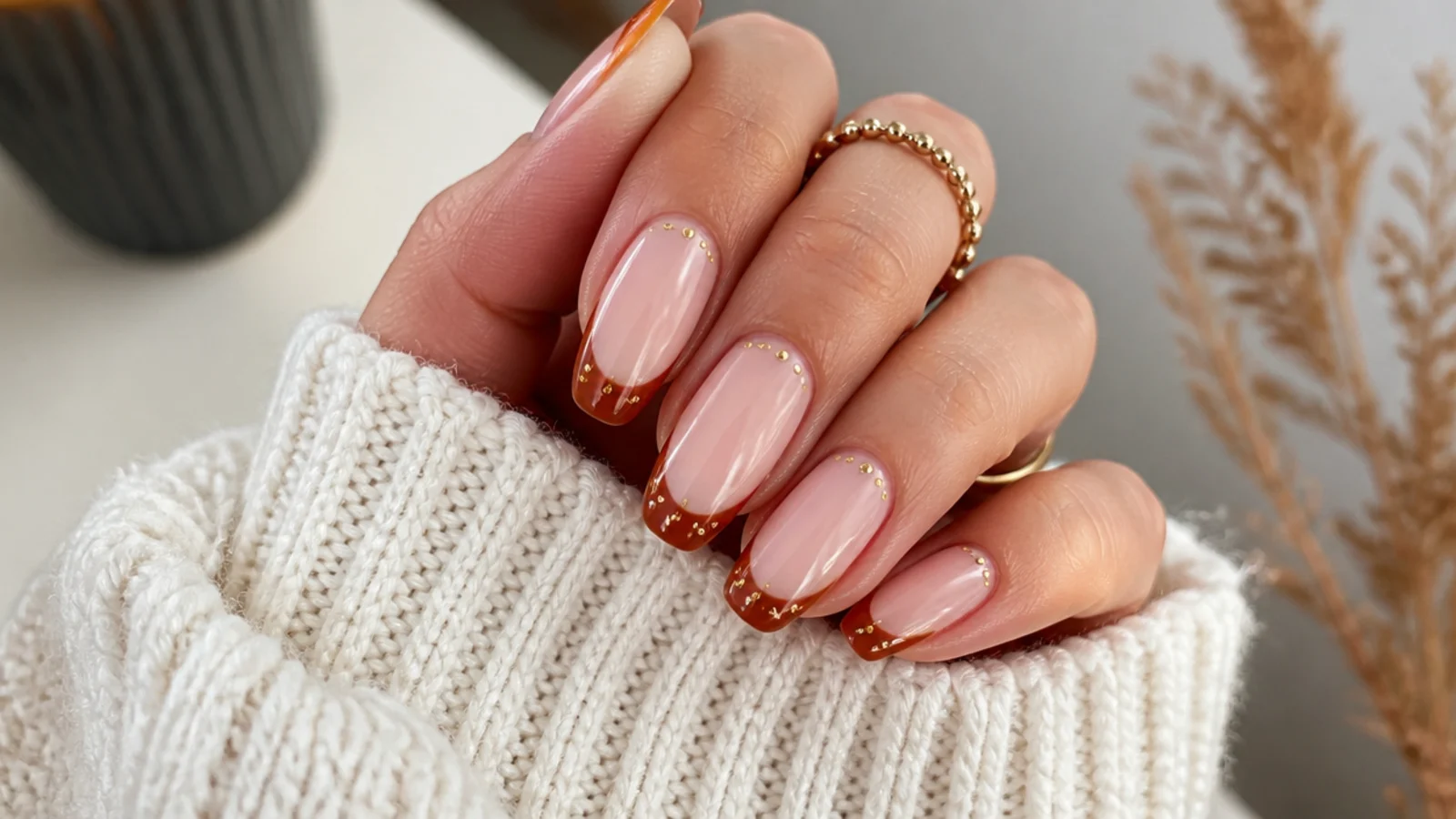 Nude boho fall nails with rust French tips and tiny gold dots