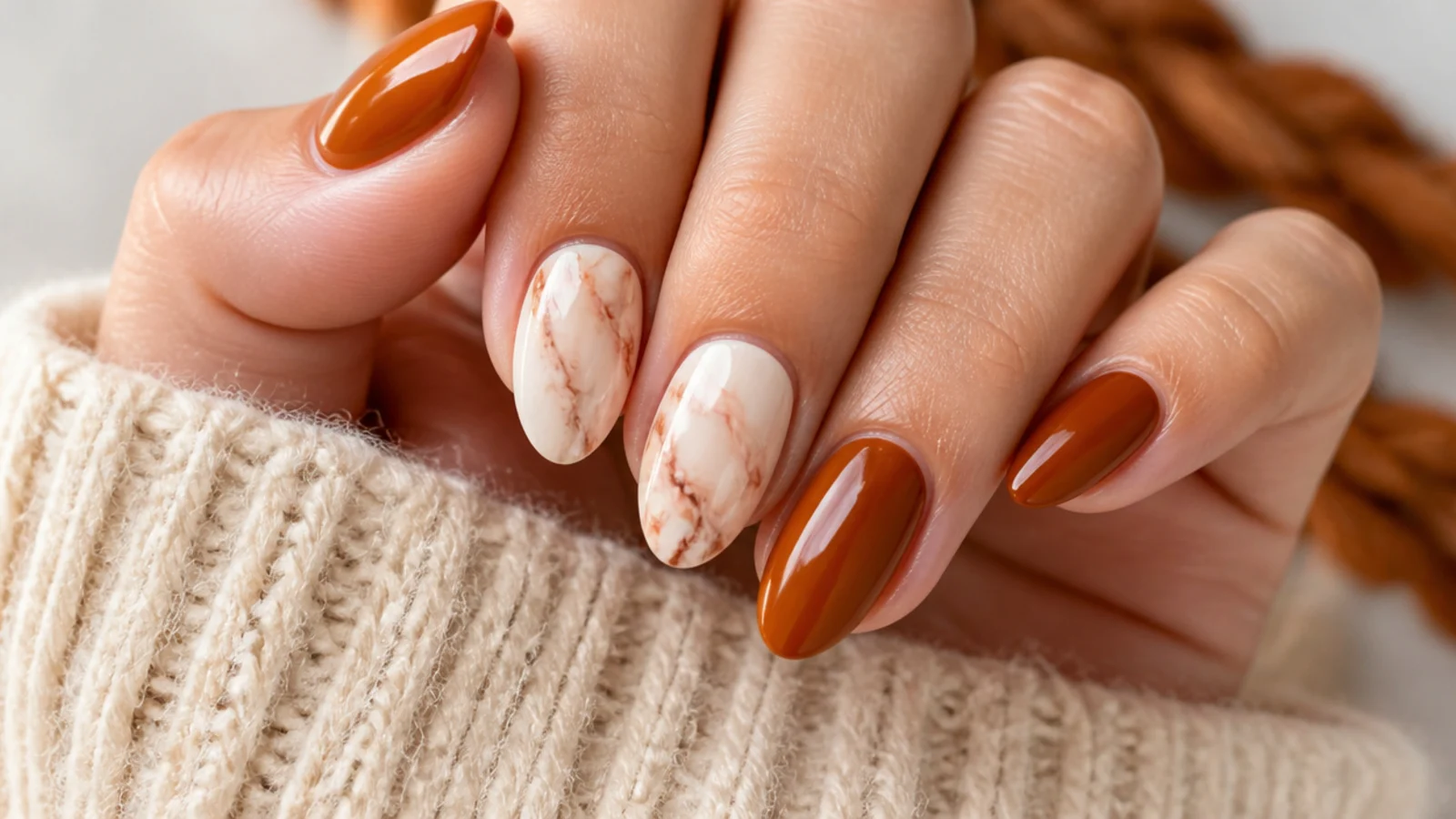 Burnt sienna and cream marble boho fall nails with soft veining