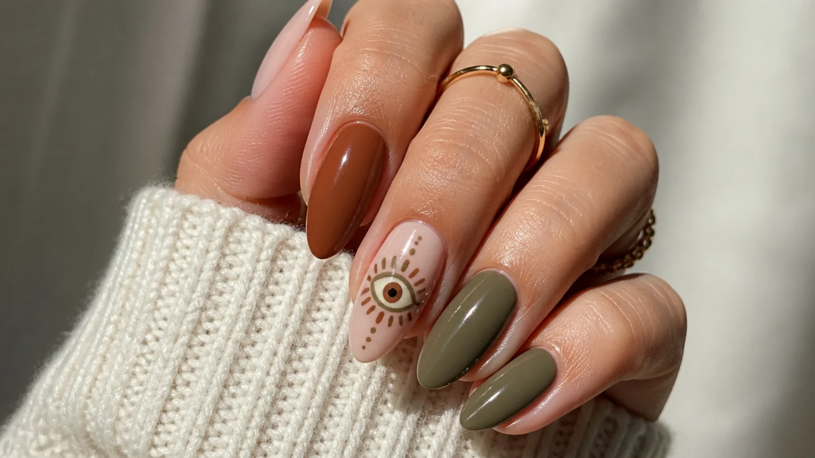 Tan boho fall nails with a rust and olive evil eye motif accent