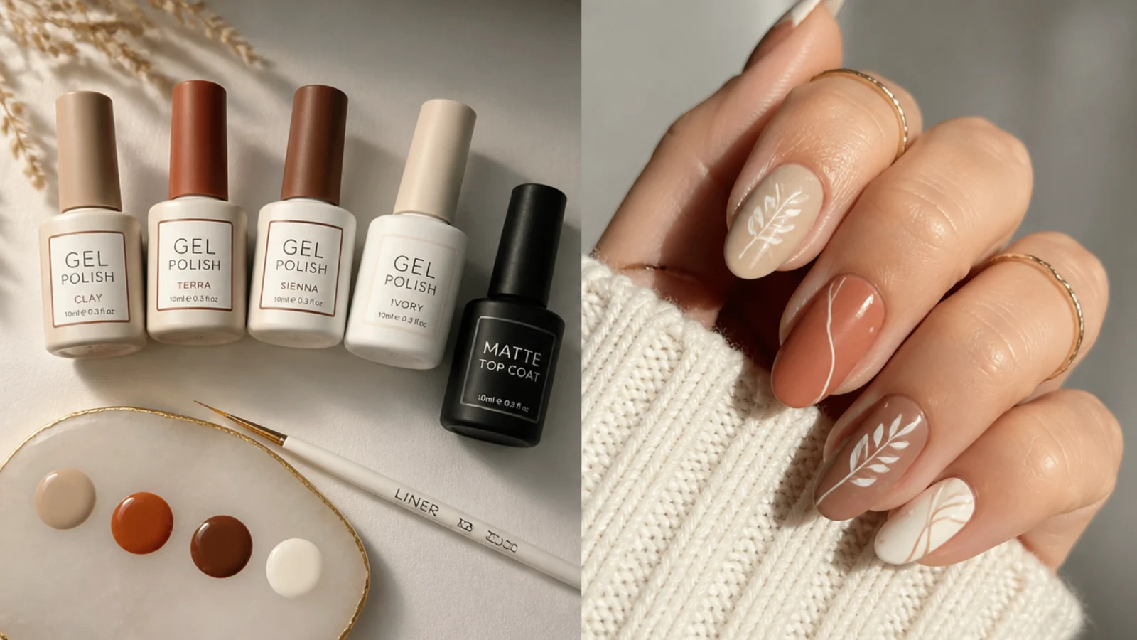 Earth-tone gel polishes, a liner brush and a matte top coat laid out for DIY boho nails