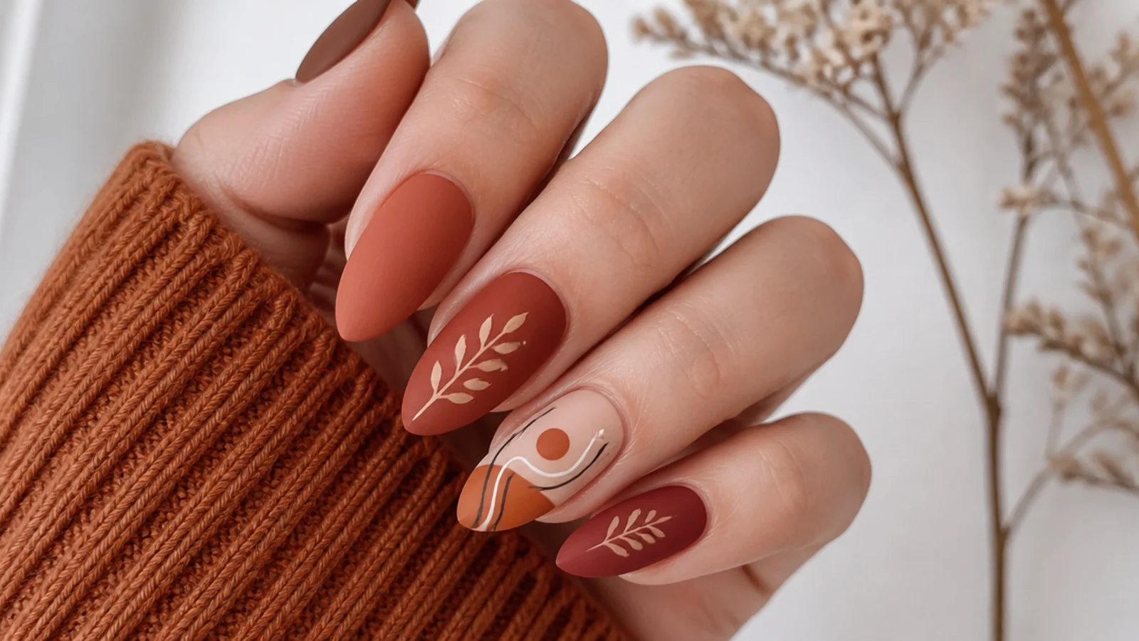 Warm terracotta and rust boho fall nails with a matte finish on an almond shape