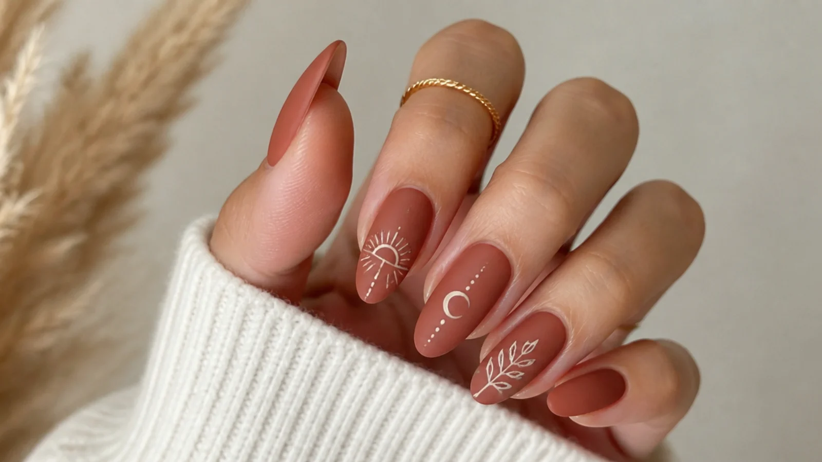A well-sealed matte terracotta boho manicure with cuticle oil for longevity