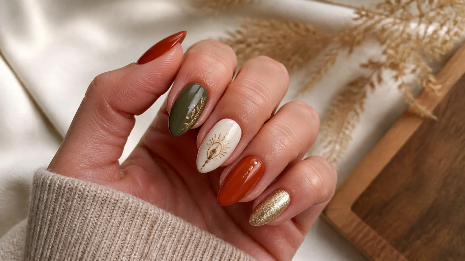 Swatches of terracotta, rust, olive, sage, cream and muted gold boho nail colors
