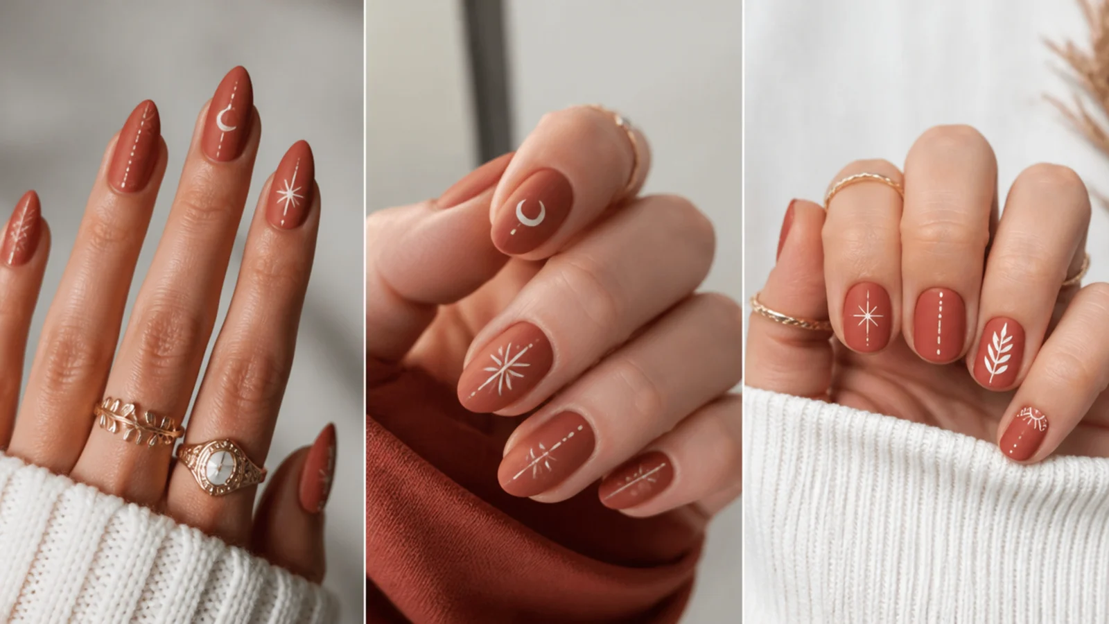 Almond, oval and short nails in matte terracotta showing boho shapes