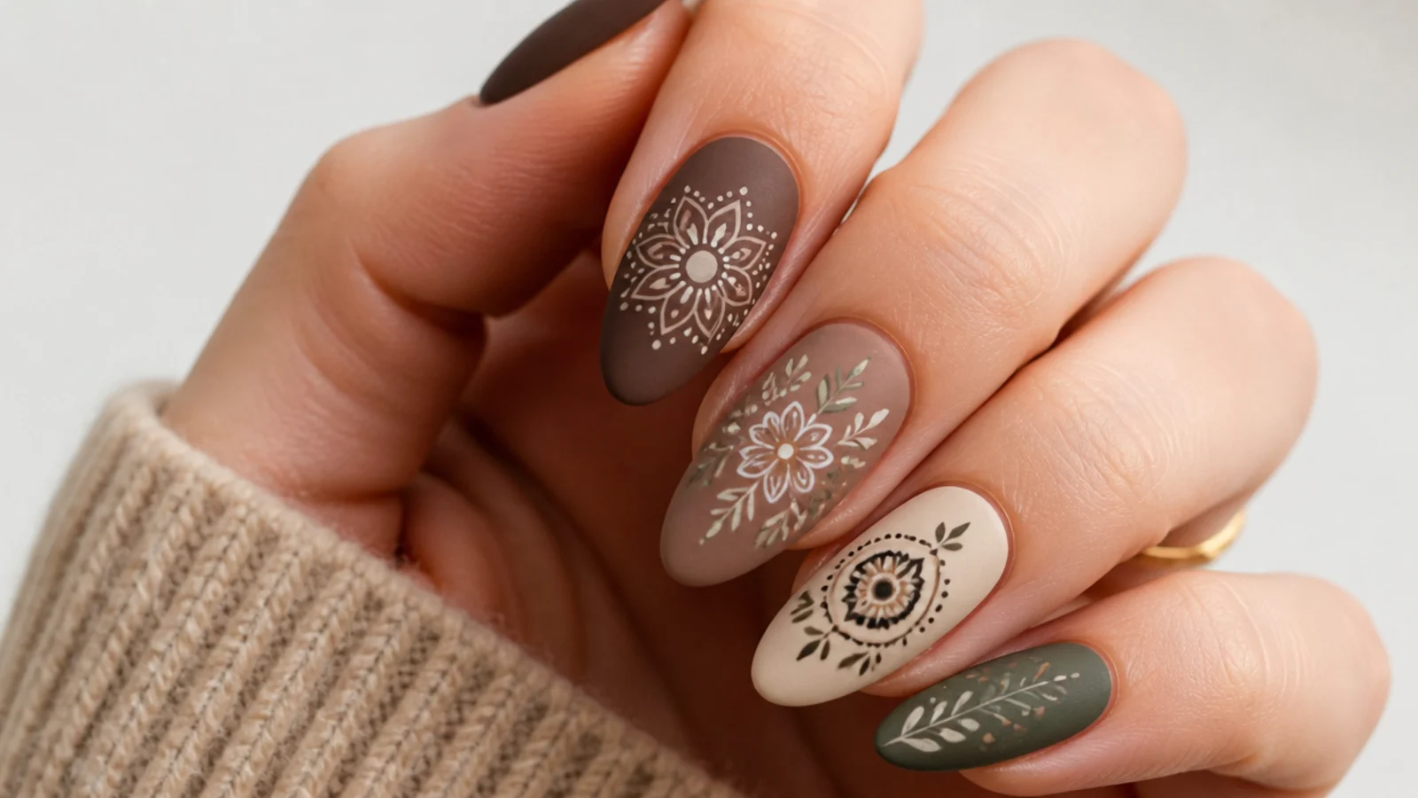 Matte earth-tone nails with a loose mandala and floral motif showing the boho look