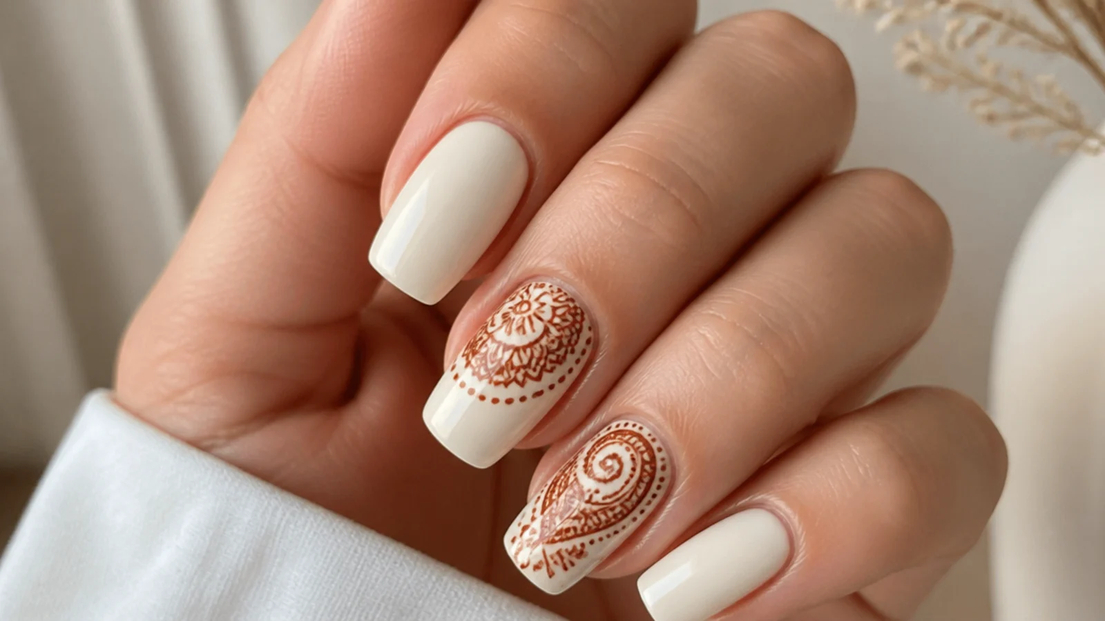 Cream nails with rust-brown henna-style mandala paisley on accent nails