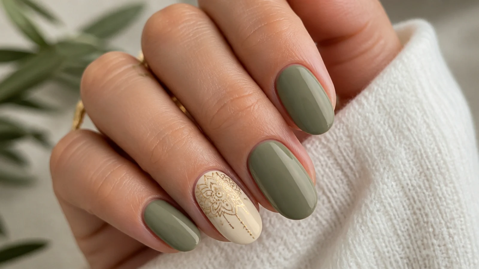 Sage green nails with a cream and gold mandala on one accent nail