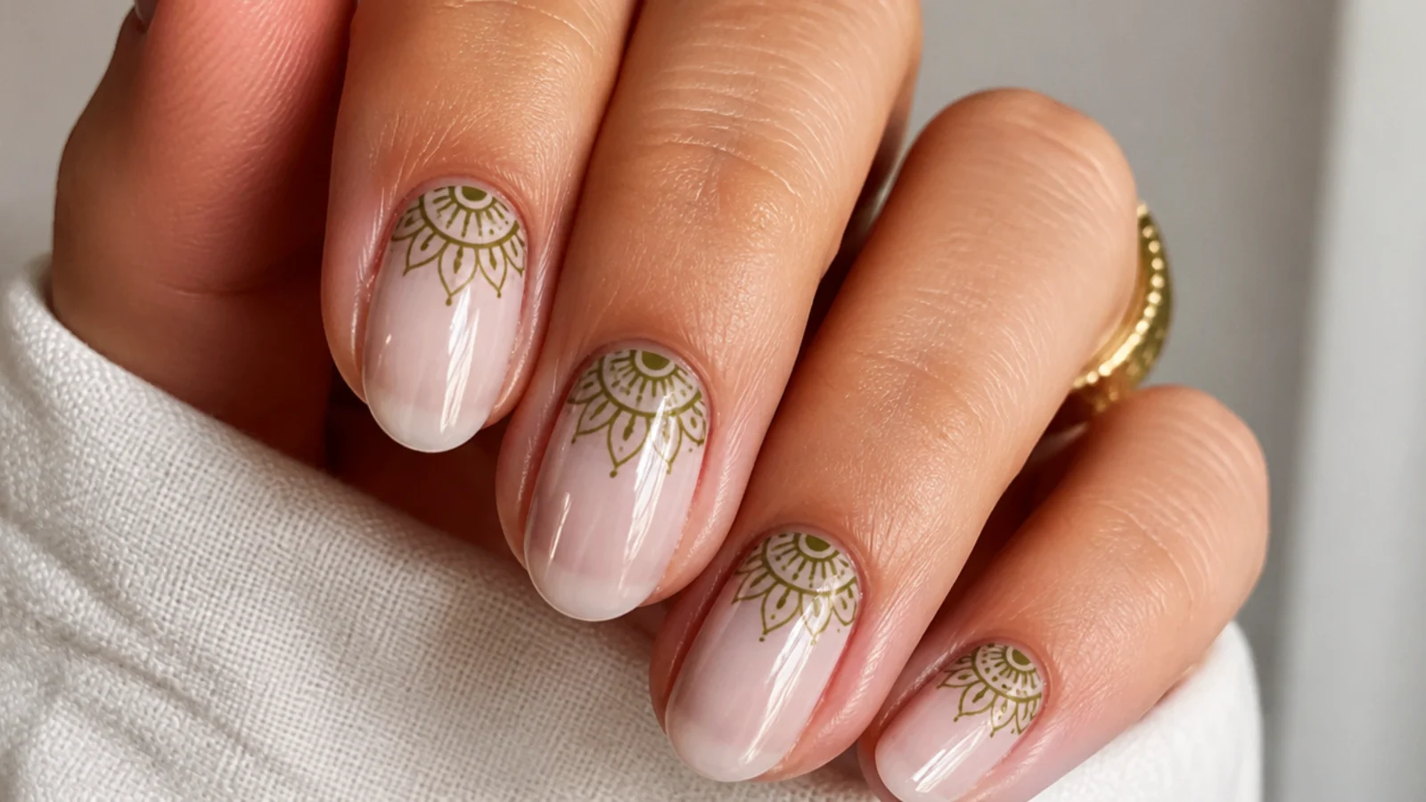 Clear nails with an olive mandala half-drawn from the cuticle in negative space
