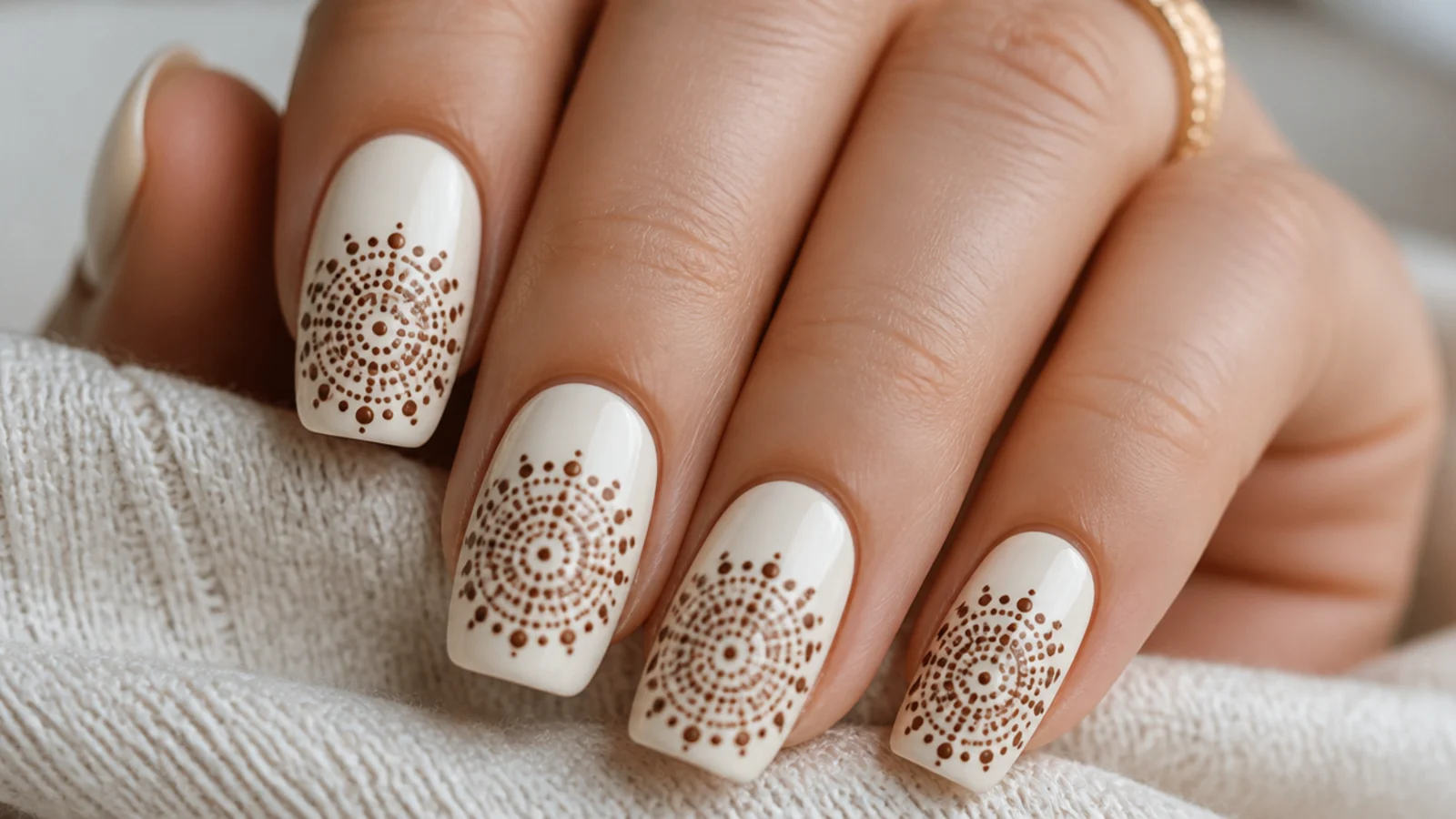 Cream nails with a brown dotwork mandala made entirely of tiny dots