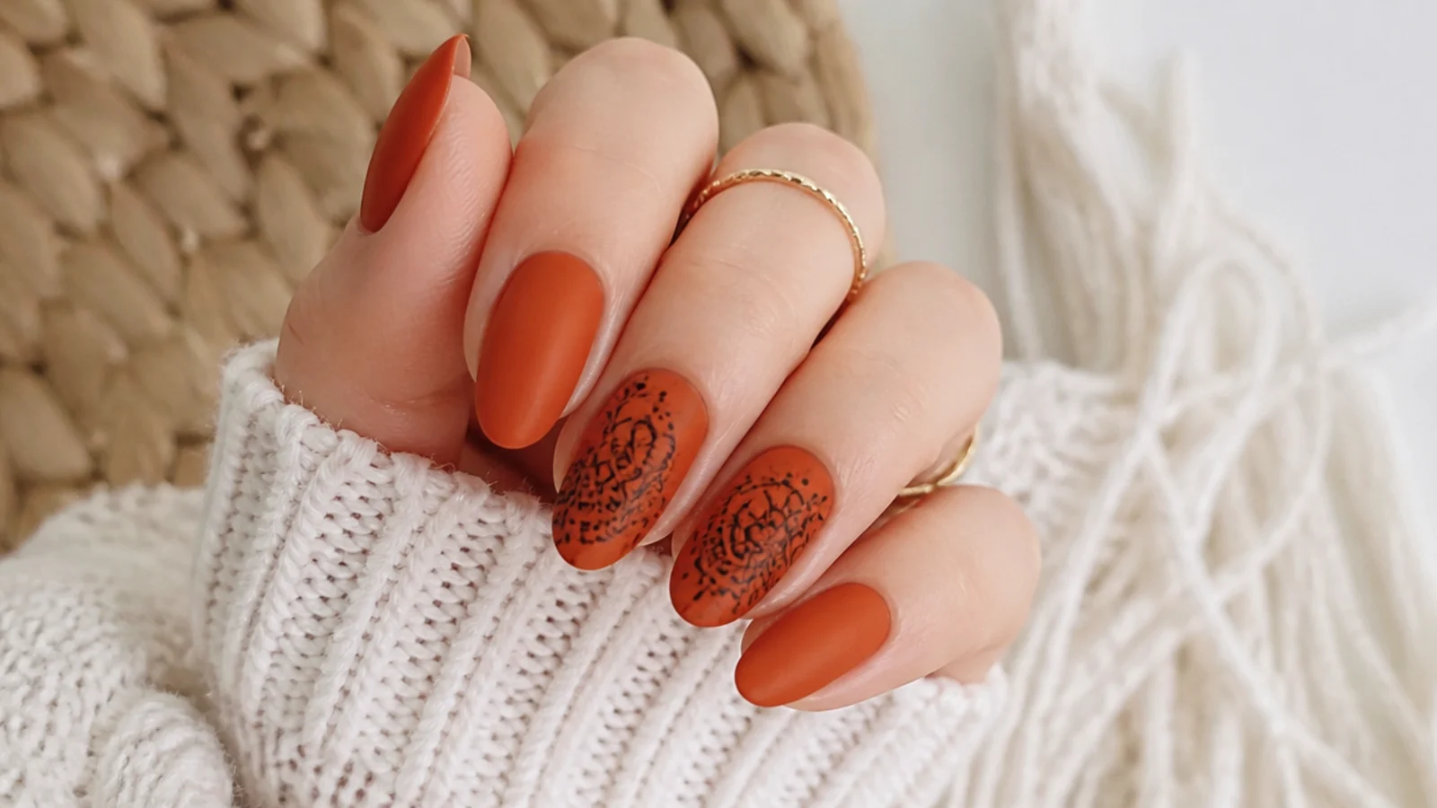Terracotta nails with a fine matte black mandala on accent nails