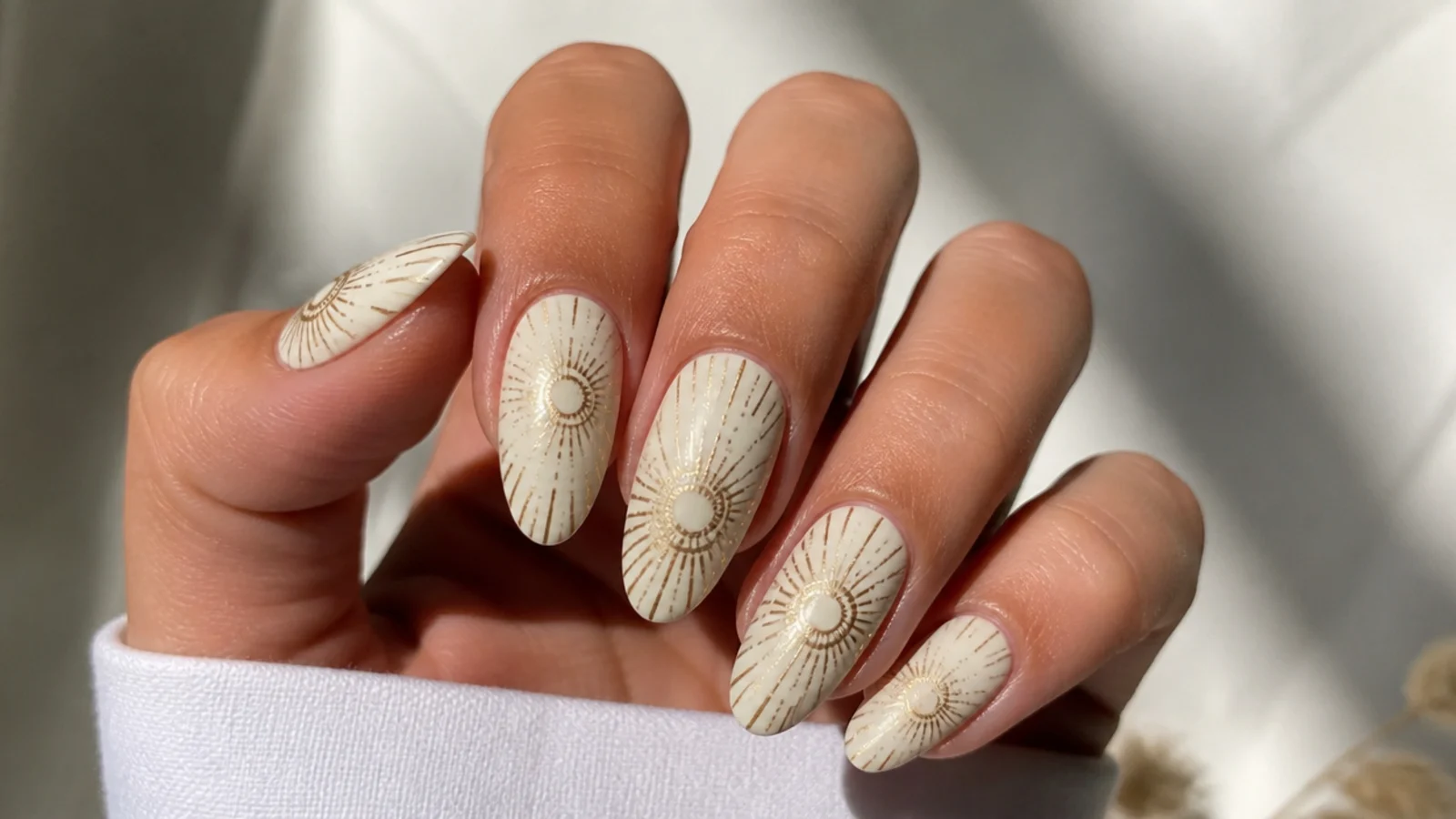 Cream nails with a muted-gold sunburst mandala radiating to the edges