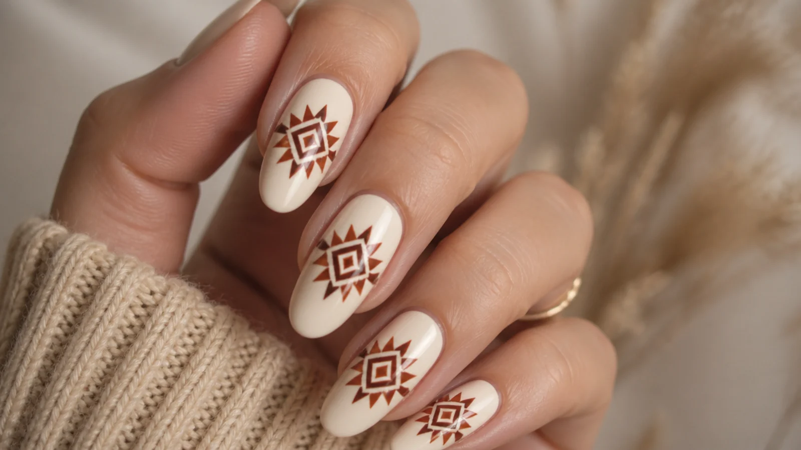 Cream nails with a rust and brown angular aztec-style mandala