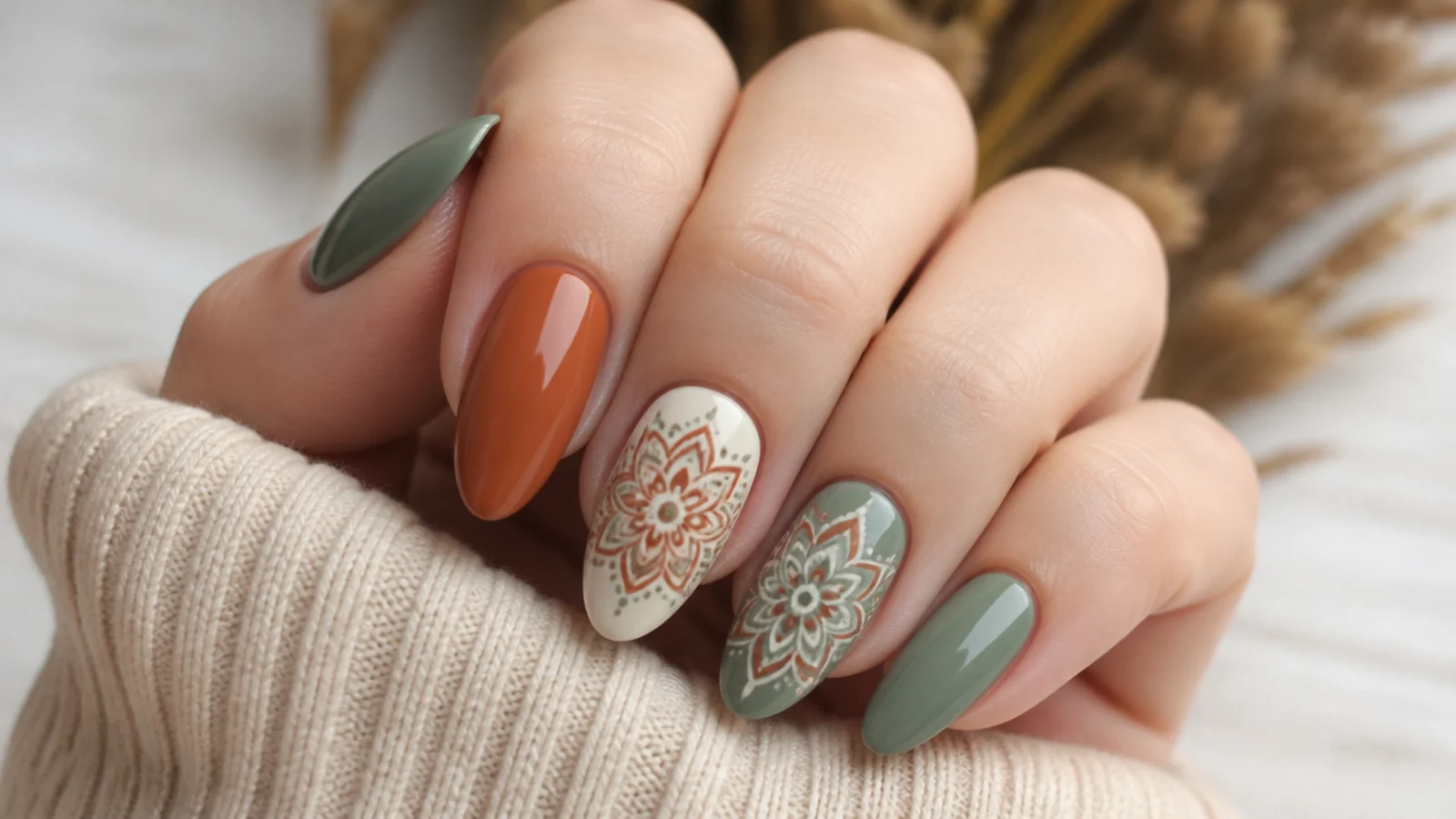 Mismatched sage and terracotta nails with mandalas on two accent nails