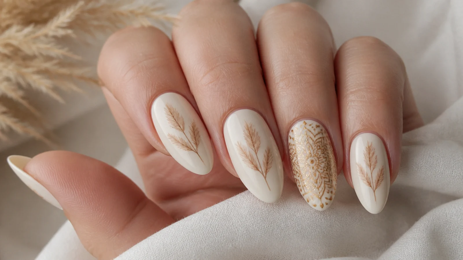 Cream nails with hand-drawn tan pampas grass and one gold mandala nail