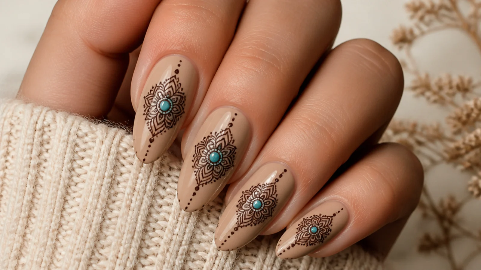 Tan nails with a brown mandala centered on a small turquoise stone