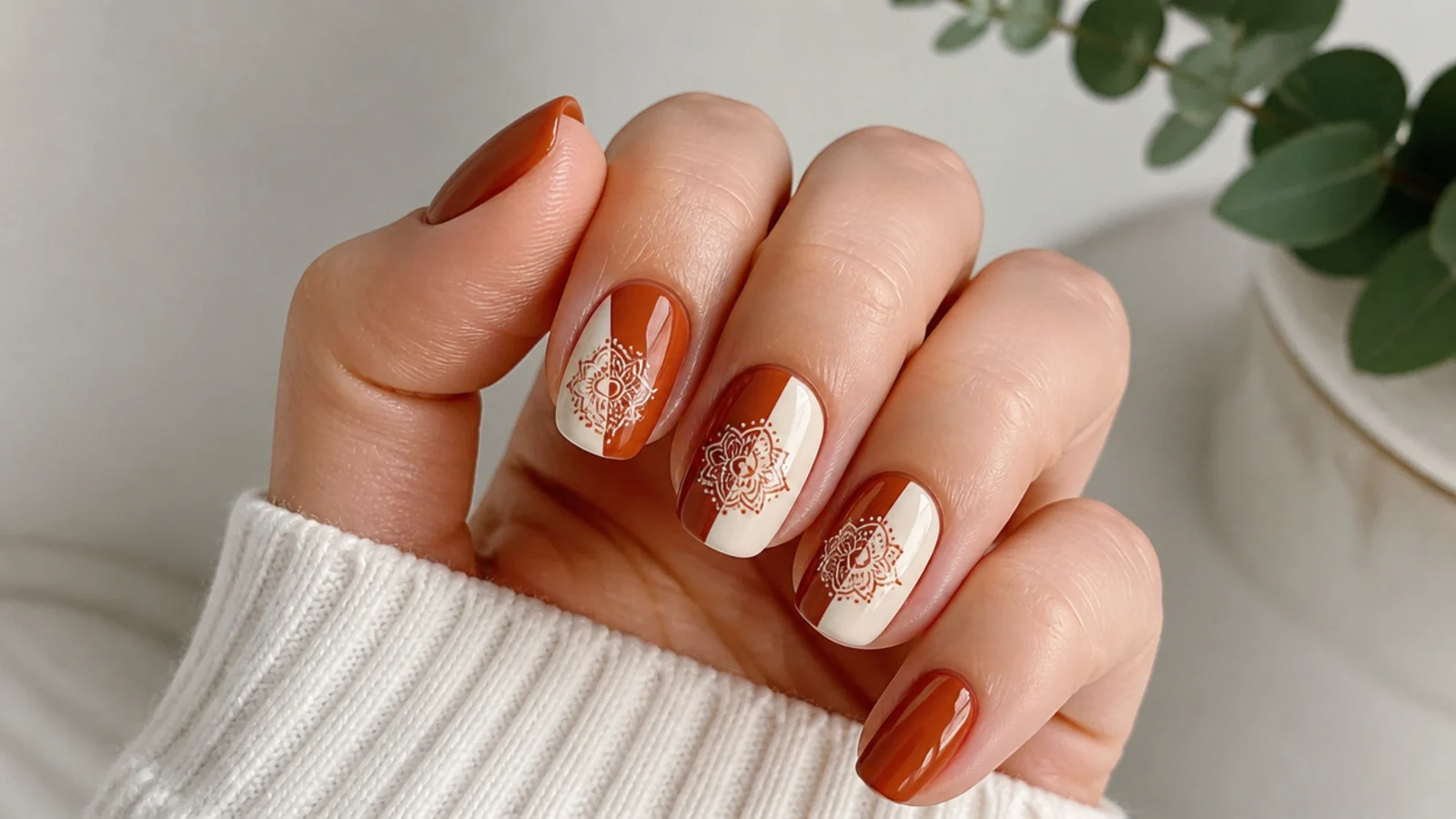 Half rust half cream nails with a mandala spanning the color split