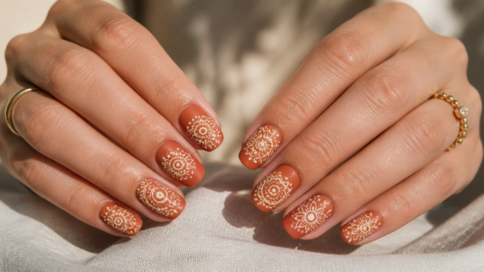 All ten nails in terracotta with a different cream mandala on each