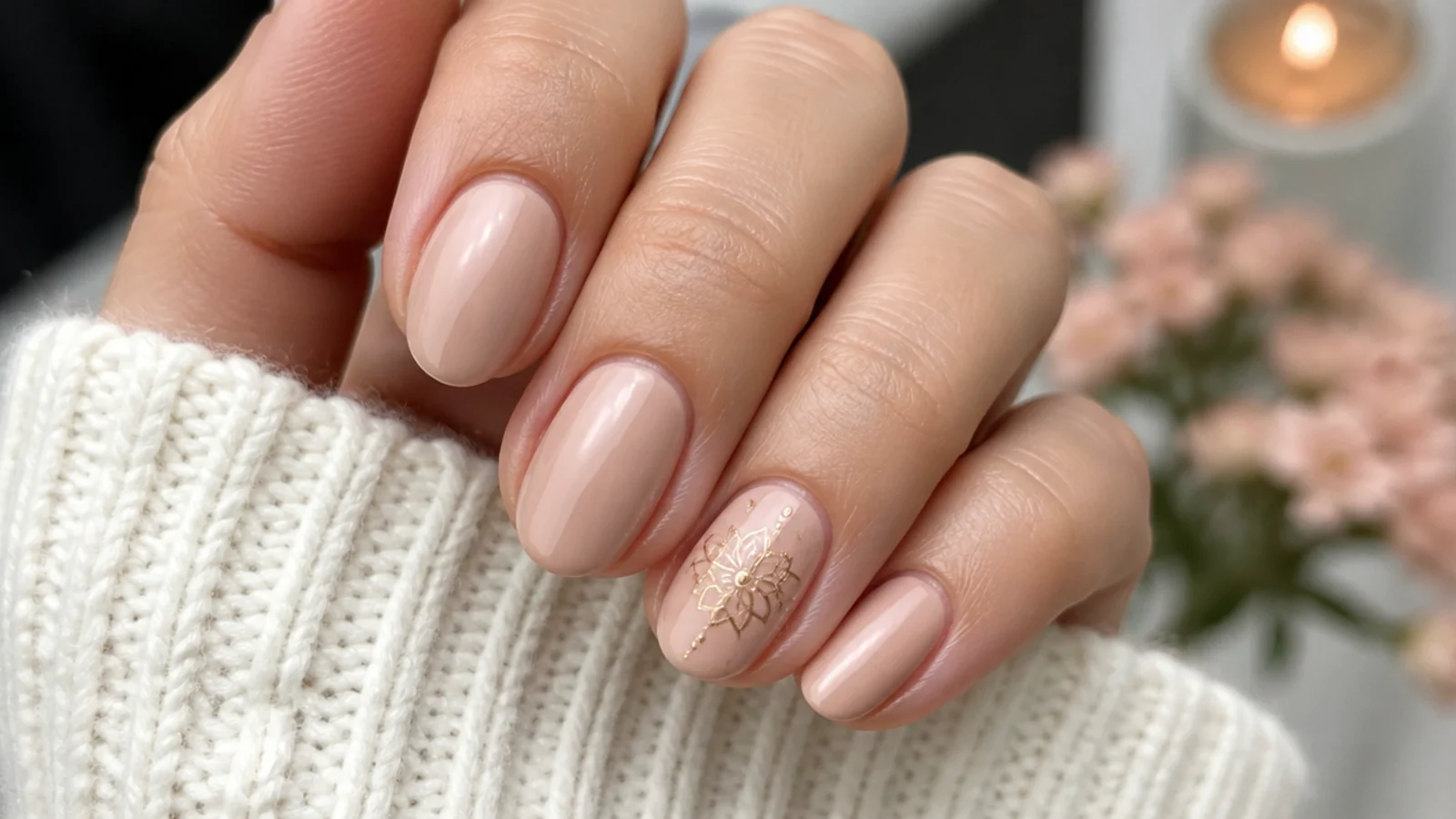 Short almond nude nails with one small gold mini mandala accent