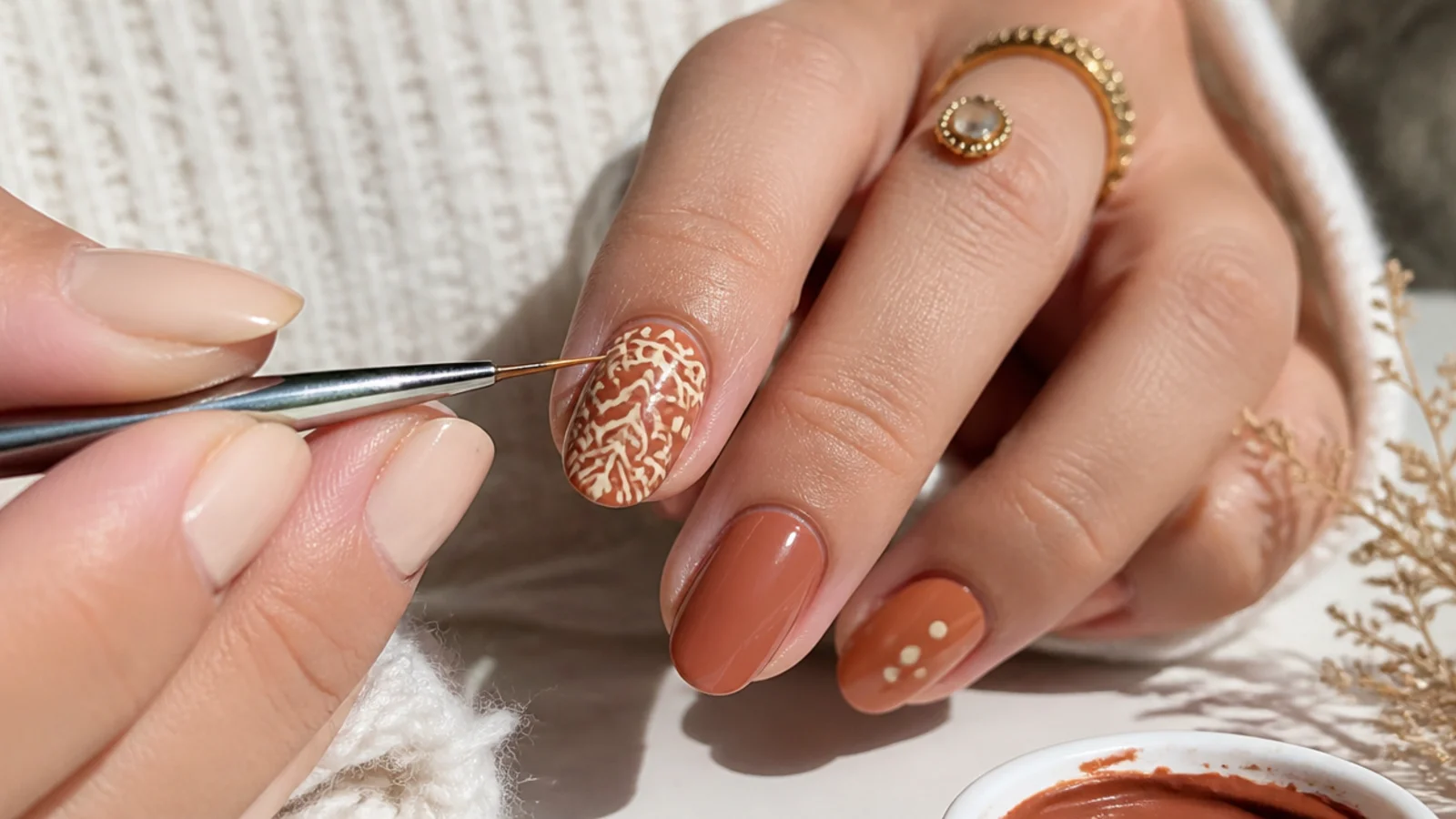 Fine liner brush drawing a cream mandala on a terracotta nail at home