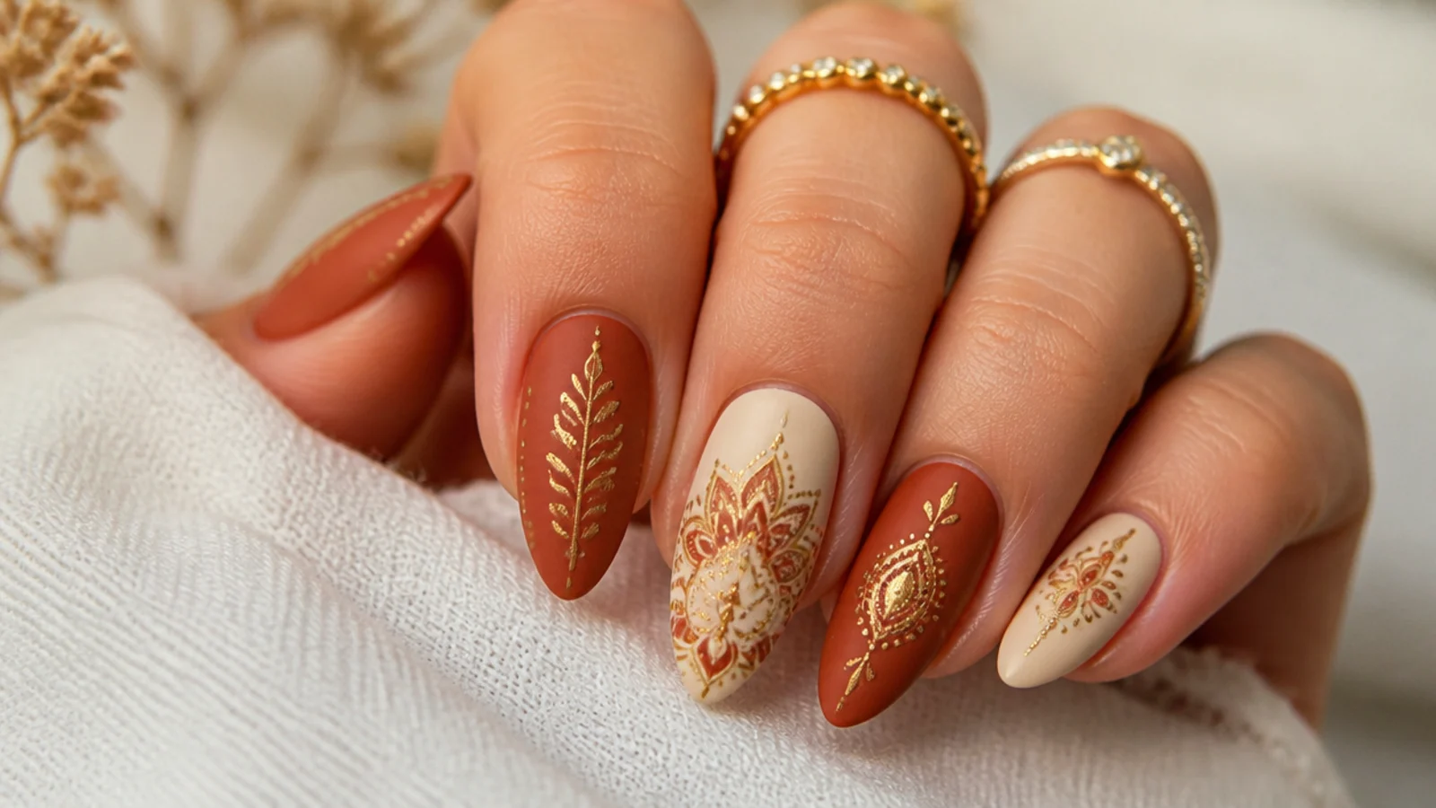 Terracotta and cream boho mandala nails with fine gold line work on almond shapes